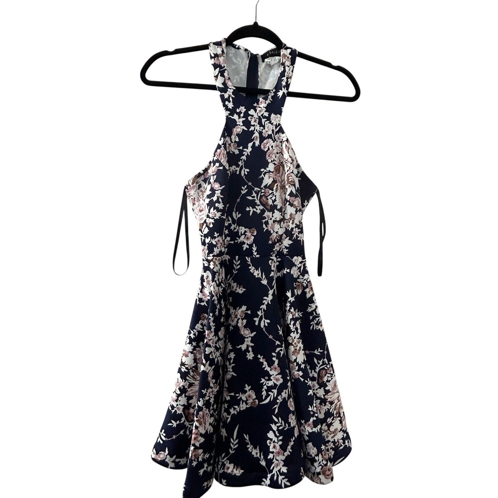 B. Darlin Floral Halter Skater Dress 3/4 Navy Blue Pink Fit & Flare Boho Party